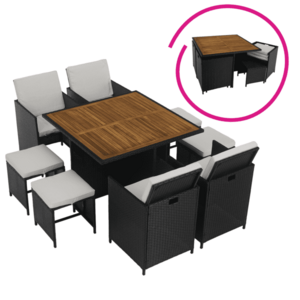 Kerti rattan szett, akácfa, fekete/krémszínű/természetes, MELFORD kép