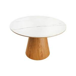 UNIQUE fehér kerek kerámia étkezőasztal tölgyfa vázzal 120 cm kép