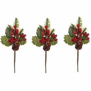 Ágak tobozokkal és bogyókkal, 3 db- os szett, piros, 24 cm kép