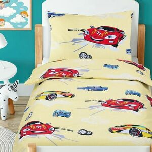 Beáta gyermek pamut ágynemű kiságyba Versenyautók, sárga, 100 x 135 cm, 45 x 60 cm kép