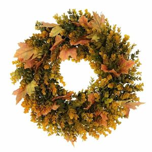 Őszi koszorú műanyag eukaliptusz és juharlevelek, átmérő 40 cm, narancssárga-zöld kép