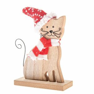 Fa macska kötött sállal és sapkával, 14 cm kép