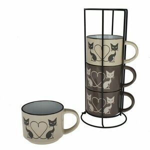 Macskák 4 db-os kerámia csésze készlet állványon kép
