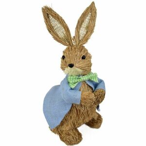 Húsvéti szalma nyuszi kék kabátban természetes, 39 cm kép