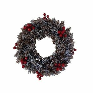 Műanyag koszorú, fagyos tobozokkal és piros bogyókkal, hossza 26 cm kép