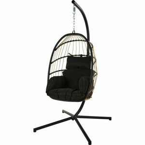Menkar függő rattan karosszék állványon, fekete, természetes rattan kép
