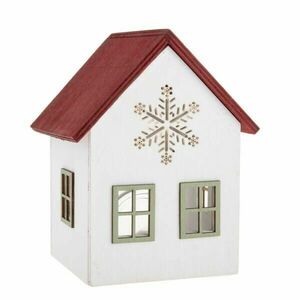 Ház hópehellyel fa gyertyatartó üveggel, 15 cm, piros kép