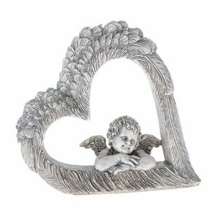 Szív alakú dekoráció angyallal, szürke, polirezín, 26 x 15 x 38 cm kép