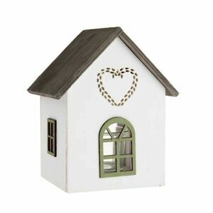 Házikó szívvel fa gyertyatartó üveggel, 15 cm, zöld kép