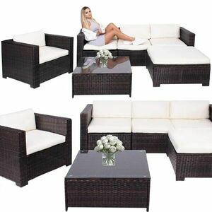 6 részes barna-krémszínű technorattan kerti bútor szett, üveglapo... kép