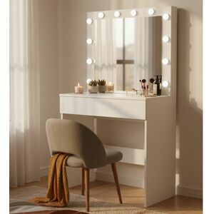 Funfit modern Fésülködőasztal LED-es tükörrel - fehér kép