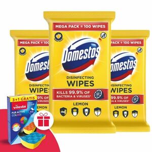Domestos Higiénikus Törlőkendő Lemon 3x100db + Ajándék Vileda Szivacs kép