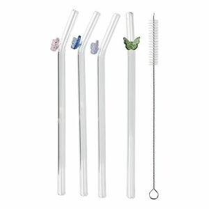 LONG DRINK üveg szívószál tisztító kefével 5 db-os készlet, pillangók kép