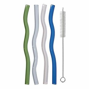 LONG DRINK üveg szívószál tisztító kefével, színes hullámok kép