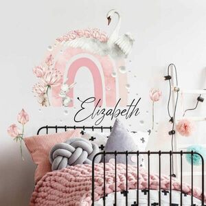 Név matrica lányoknak - Szivárvány hattyúval és virágokkal kép