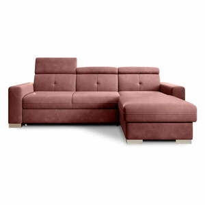 Rózsaszín bársony kinyitható-tárolóhelyes sarokkanapé (jobb oldali-heverő résszel) Fresia – ELTAP kép