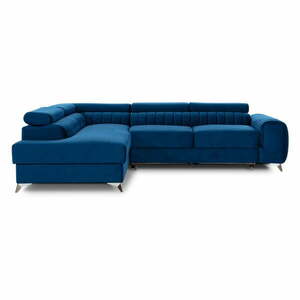 Kék bársony kinyitható-tárolóhelyes sarokkanapé (bal oldali-L alakú) Laurence – ELTAP kép