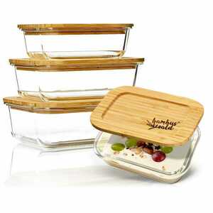 Klarstein Szögletes edények élelmiszerek tárolására, 4 darabos készlet, különböző méretek, üveg, bambusz fedél kép