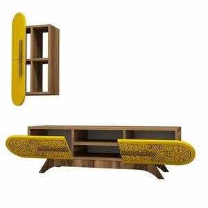 Defne Yellow and Walnut TV-asztal szekrénnyel kép