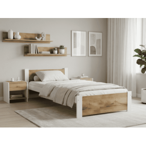 Ágy IKAROS 90 x 200 cm, fehér/tölgy artisan Matrac: Deluxe 10 cm matraccal, Ágyrács: Lamellás ágyráccsal kép