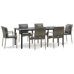vidaXL 7 részes fekete és szürke polyrattan kerti étkezőszett párnával kép