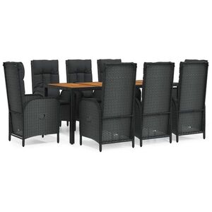 9 részes fekete polyrattan kerti bútorszett párnákkal kép