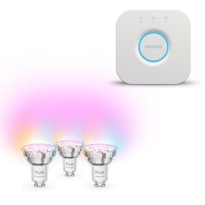 Philips Hue Bridge 2.0 + Philips Hue Essential White and Color Ambiance 4, 7 W, GU10, 3 db kép