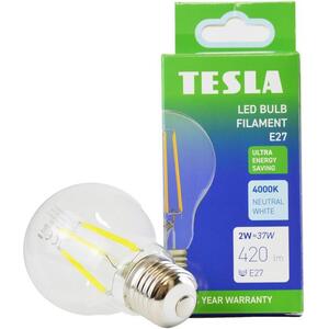 Tesla Filament A class, E27, 2W, 420lm, 4000K nappali fehér, 360°, átlátszó, 230V, 25000 óra kép