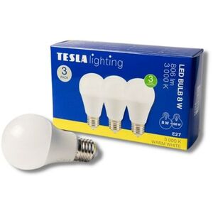 Tesla - LED izzó BULB E27, 8 W, 230 V, 806 lm, 25000 h, 3000K meleg fehér, 220°, 3 db a csomagban kép