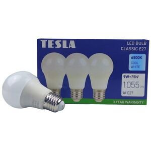 Tesla - LED izzó BULB E27, 9W, 230V, 1055lm, 25 000h, 6500K hideg fehér, 220st 3db csomagban kép