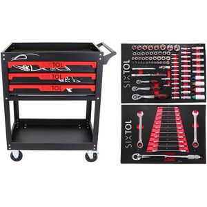 SIXTOL Mechanic Trolley Jason 94 műhelykocsi szerszámokkal, 3 fiókkal, 1 polccal. 94 darab szerszám kép
