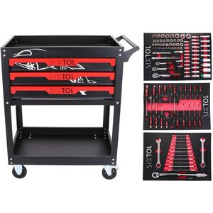 SIXTOL Mechanic Trolley Jason 115 műhelykocsi szerszámokkal, 3 fiókkal, 1 polccal, 115 darab szerszámmal kép