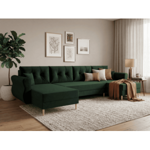 Ágyazható U alakú kanapé SILVIANO 300x140 cm, sötétzöld színű + 2 db díszpárna INGYEN kép