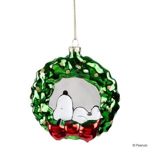 PEANUTS üveg karácsonyfadísz, Snoopy koszorúban, 11 cm kép
