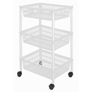 HEIDRUN Polc kerekeken 40 × 30 × 66 cm kosár, fehér, 3 szintes, műanyag kép